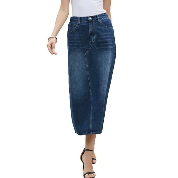 Denim Skirt for Women Elastic Waist Split Back Pockets Maxi Length Long Jean Skirts M Dark Blue