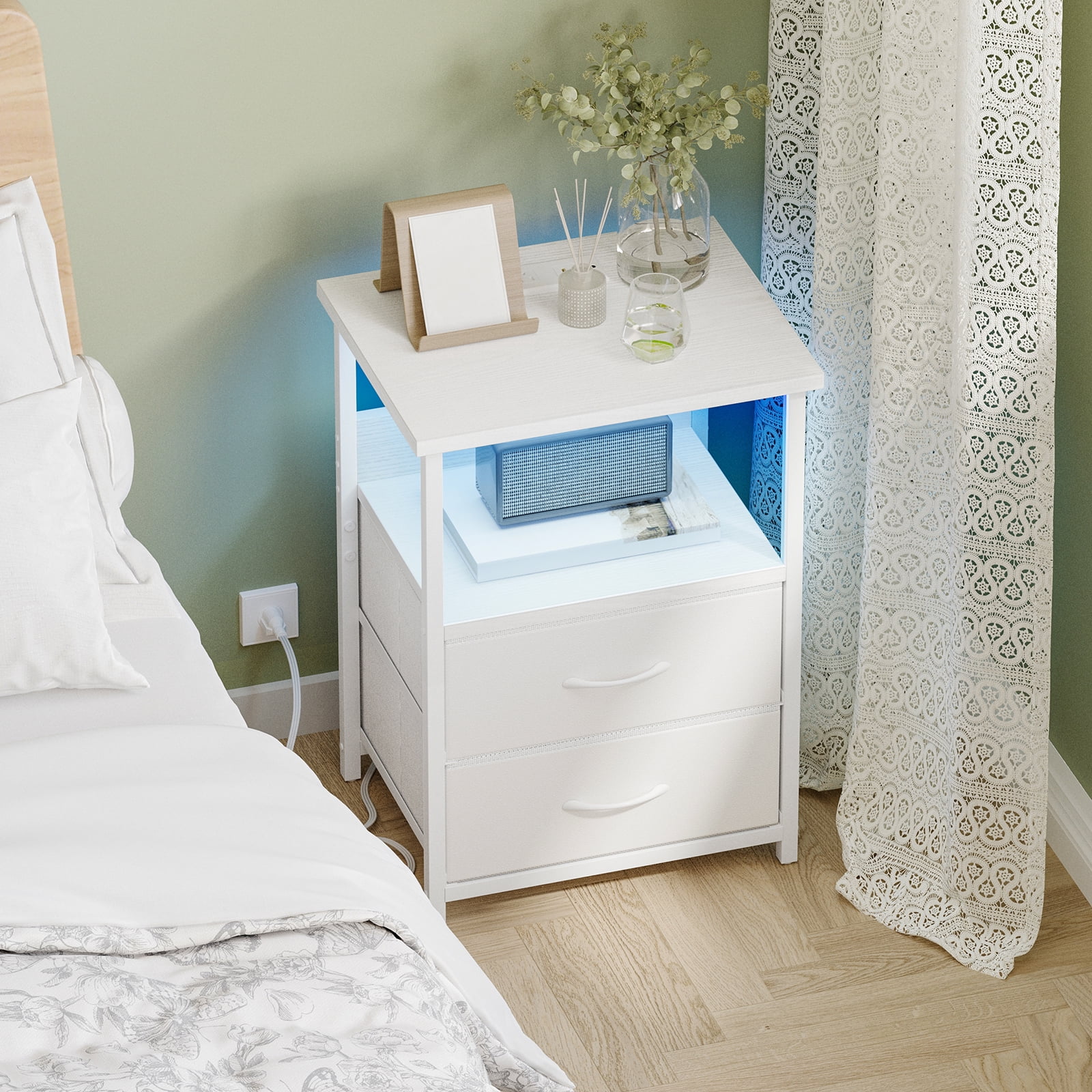 Tomnk Woo Nightstand Set of 2 Night Stand with Charging Station, LED Nightstand with Fabric Drawers, End Table with PU Finish, Bed Side Table, White