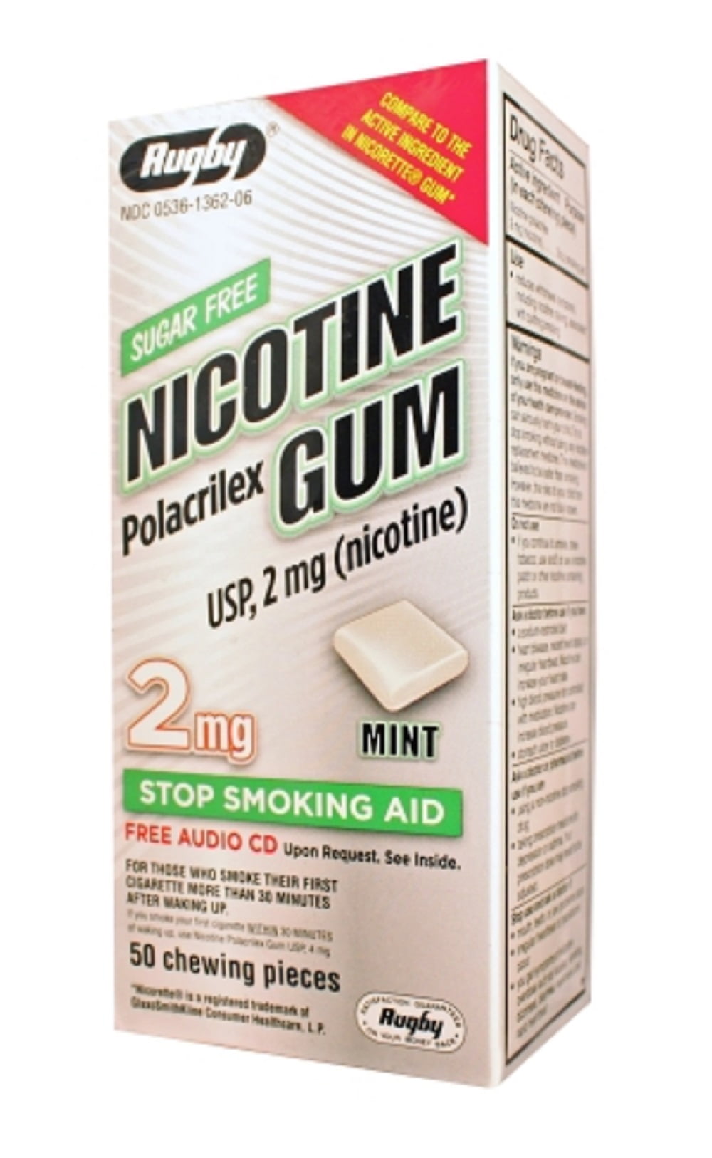RUGBY NICOTINE GUM 2MG MINT NICOTINE POLACRILEX-2 MG off white 50 CT UPC 305361362065