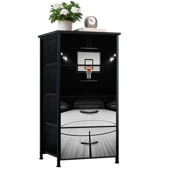 Dresser for Bedroom with 4 Storage Drawers Black White Basketball Court Empty Wooden Floor Dressers Chest of Drawers Steel Framed Fabric Closet Organizers for Dorm Entryway