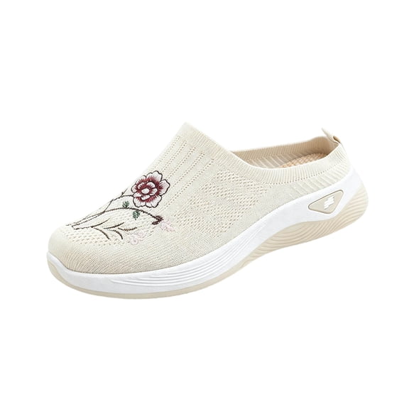DeHolifer Women Walking Shoes Floral Embroidered Wide Width Breathable Sneaker Lightweight Arch Support Slip On Shoes Non-Slip Sneakers
