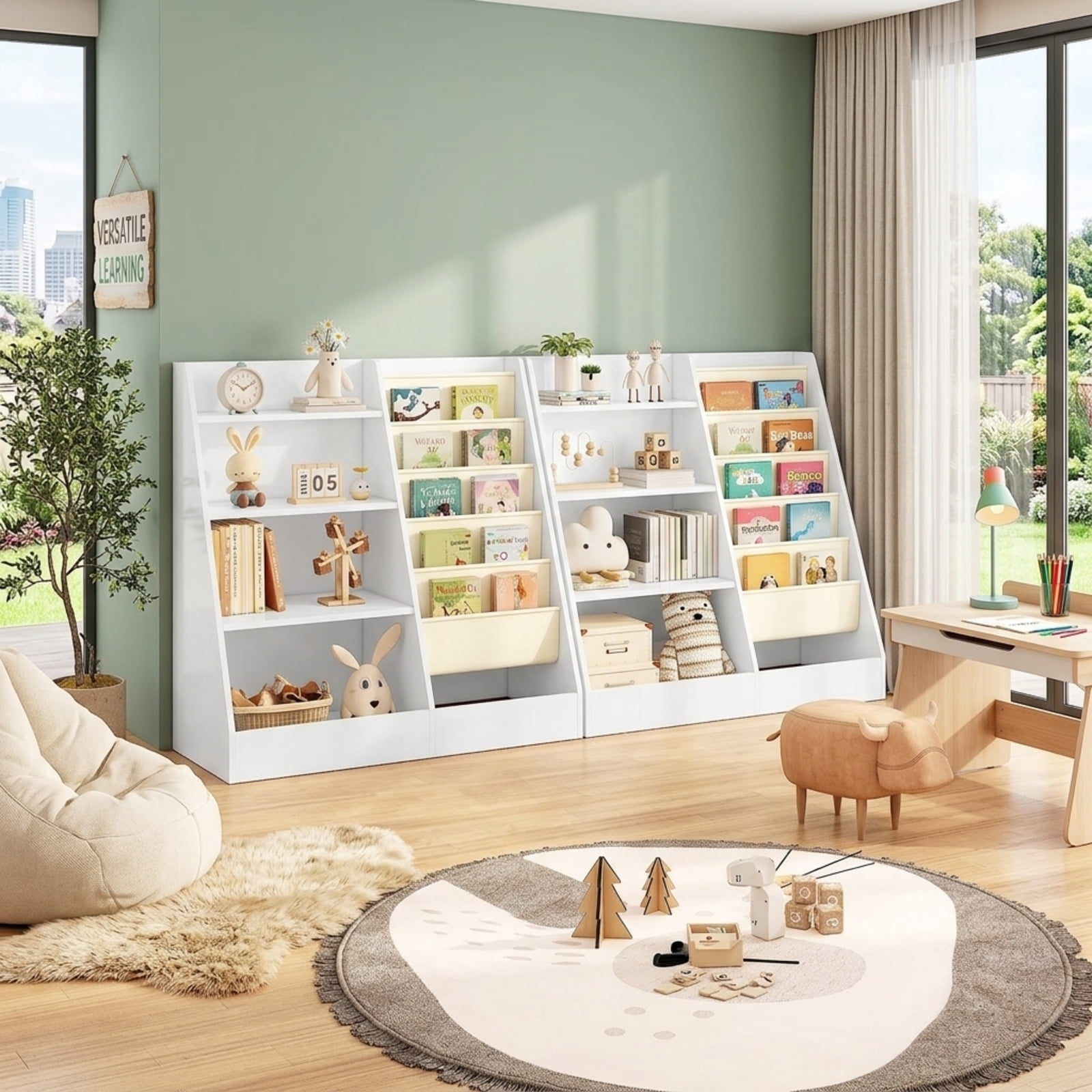 Fenbeli 2-in-1 Kids Bookshelf and Toy Storage, 4-Tier Wooden Organizer with 5 Fabric Sling Pockets and Anti-Tip Strap, White Bookcase for Bedroom Nursery and Playroom