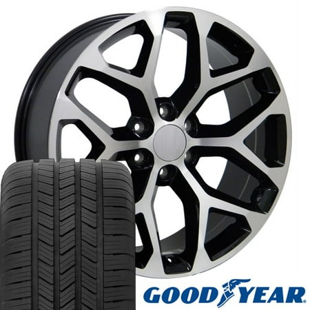 22x9 Wheels & Tires fit GMC Chevy Trucks and SUVs - GMC Sierra Style Black Machined Rims and Goodyear Tires, Hollander 5668 -