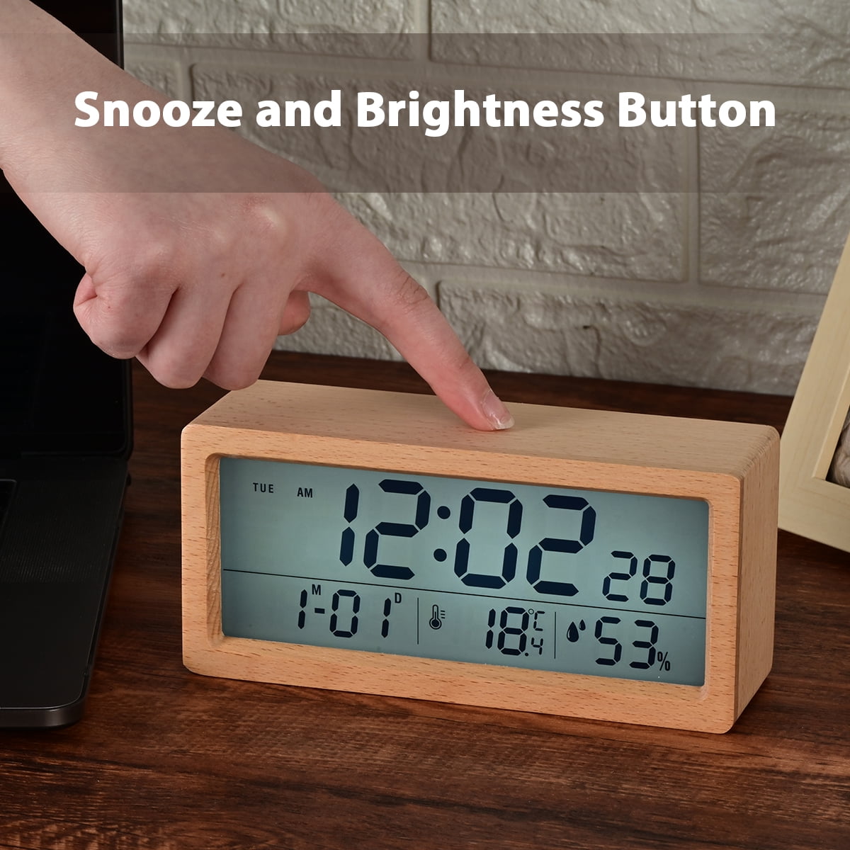 Electime Wooden Digital Alarm Clock with Calender, Temperature, Humidity and Snooze, Electric Clock for Home Bedroom, Battrey Powered, LCD Screen