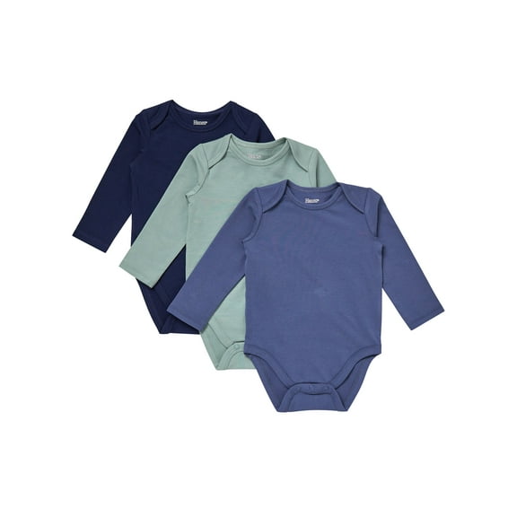 Hanes Pure Comfort Baby Long Sleeve Bodysuits, Organic Cotton, Boys & Girls, 3-Pack Green/Blue Assortment 6MTH