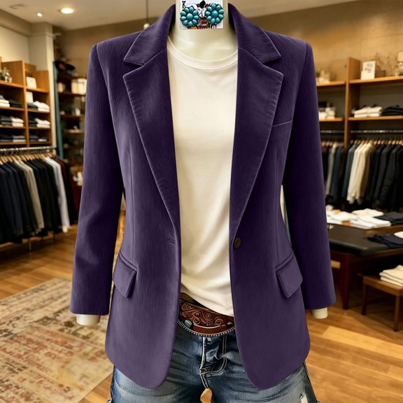 HongQid Blazer Jacket for Women Corduroy Notched Lapel Single Button Pocket Structured Casual Outerwear Loose Cut Spring Fall Clothes Ladies Trendy Everyday Suit Coat