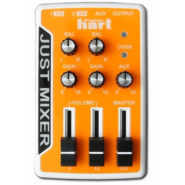 JUST MIXER Audio/DJ Mixer - Battery/USB Powered Portable Pocket Audio Mixer w/ 3 Stereo Channels (3.5mm) Plus On/Off Switch (Orange)