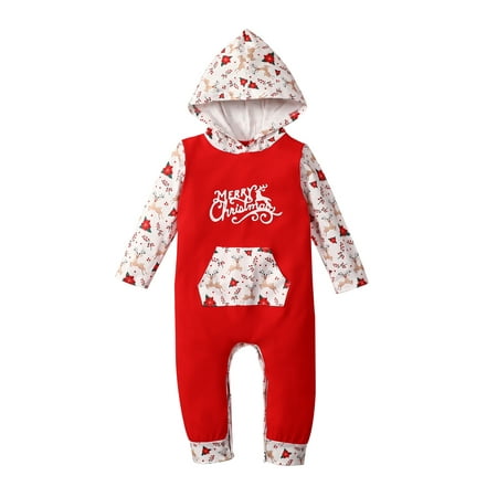 

Newborn Toddler Baby Boy Girl Christmas Outfit Long Sleeve Hooded Romper Striped Jumpsuit Xmas Clothes