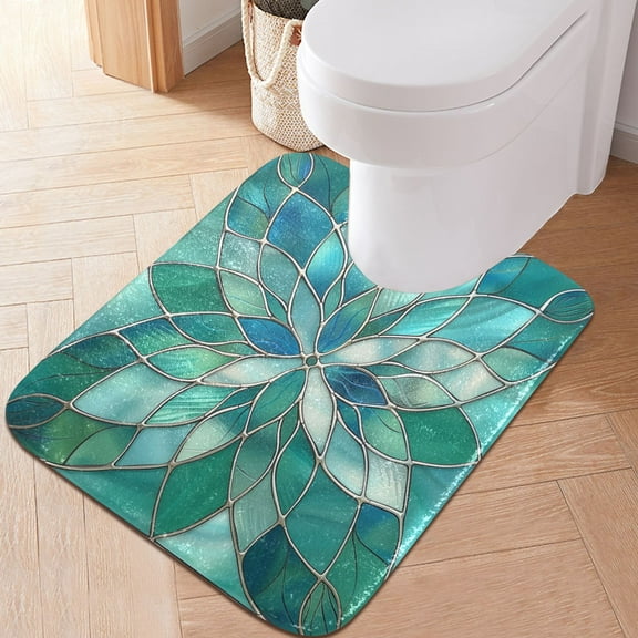 Toilet Rug U-Shaped Bathroom Rugs Non-Slip Soft Plush Machine Washable Contour Bath Mat Floral Stained Glass 24x20
