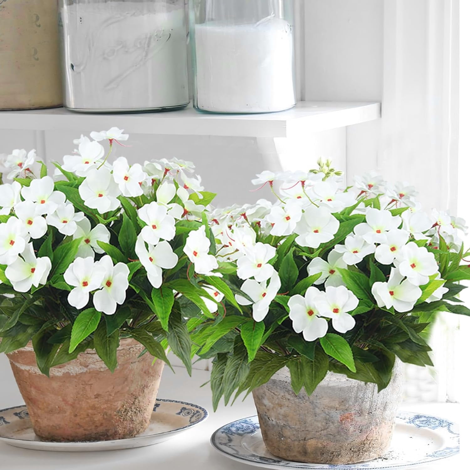 Artificial Fake Flowers Topboutique Faux Impatiens Bouquet Flowers Fake Flowers for Outdoor Faux Bouquet for Flower Arrangement Apply to Home & Office Decor, 4 Pcs, White