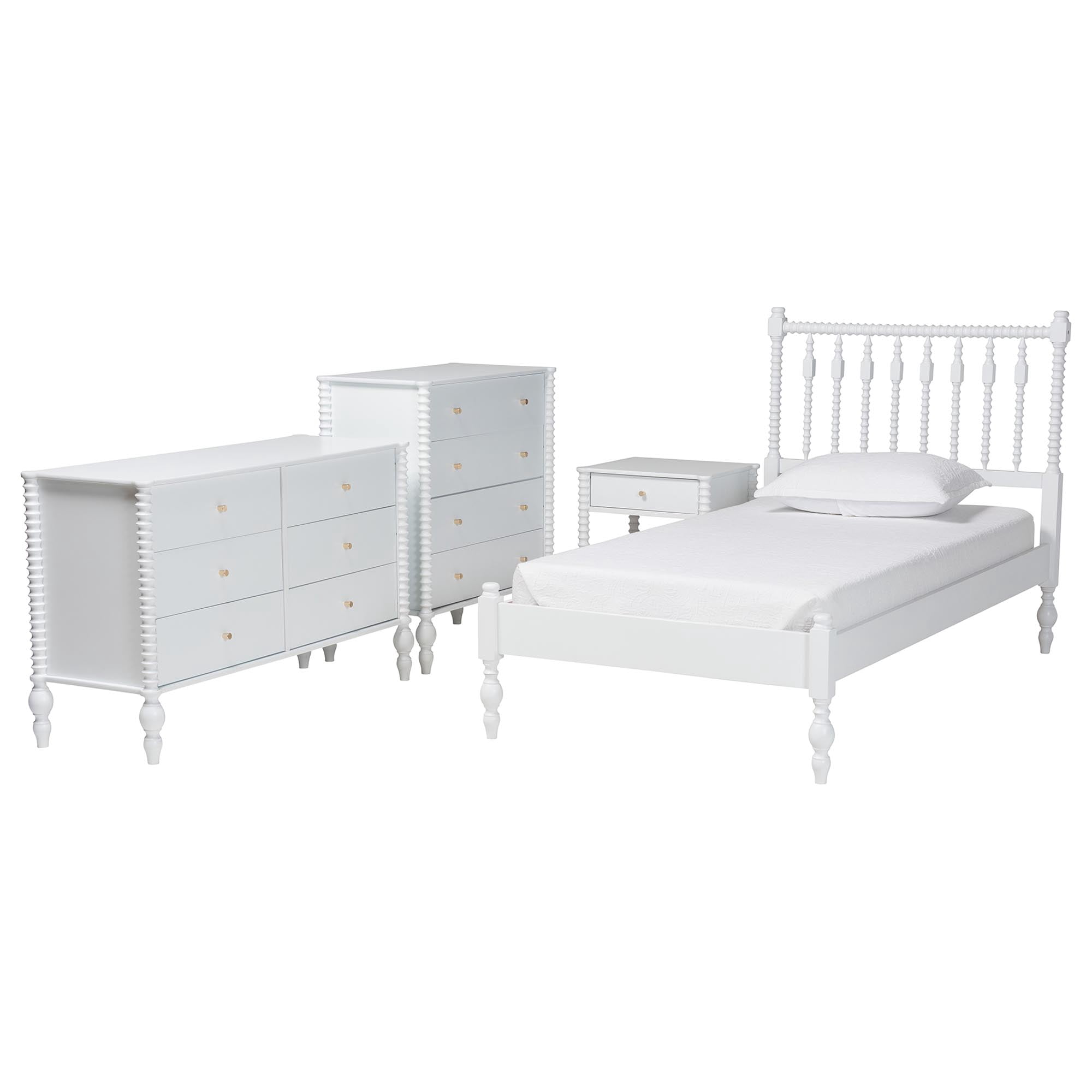 Baxton Studio Denita Farmhouse Bedroom Set, Twin, 4-Piece, White