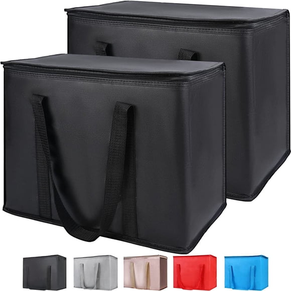 Insulated Reusable Grocery Bags 16W x 13H x 9D X-Large Tote Bag for Shopping/Travel Doordash Food Cooler/Hot Delivery Bag Black 2-Pack