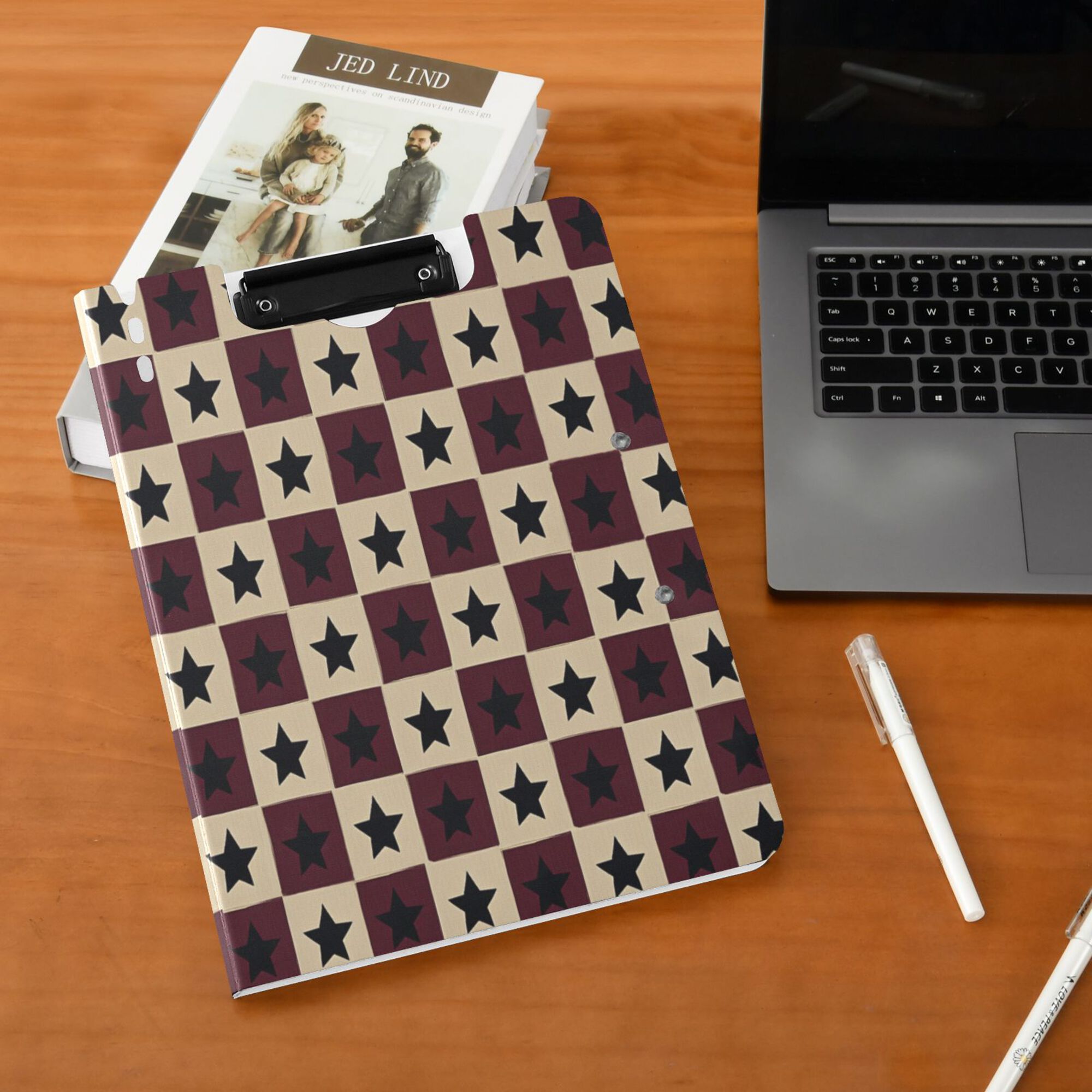 FORMRS A4 Clipboard Folder with Pen Holder Horizontal Foldable School Office Binder, Checkered Stars Pattern
