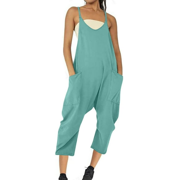 Pisexur Womens Jumpsuits Solid Color V Neck Rompers Fashion Spaghetti Strap Jumpers Casual Loose Sleeveless Overalls Comfy Baggy One Piece Jumpsuits with Pockets