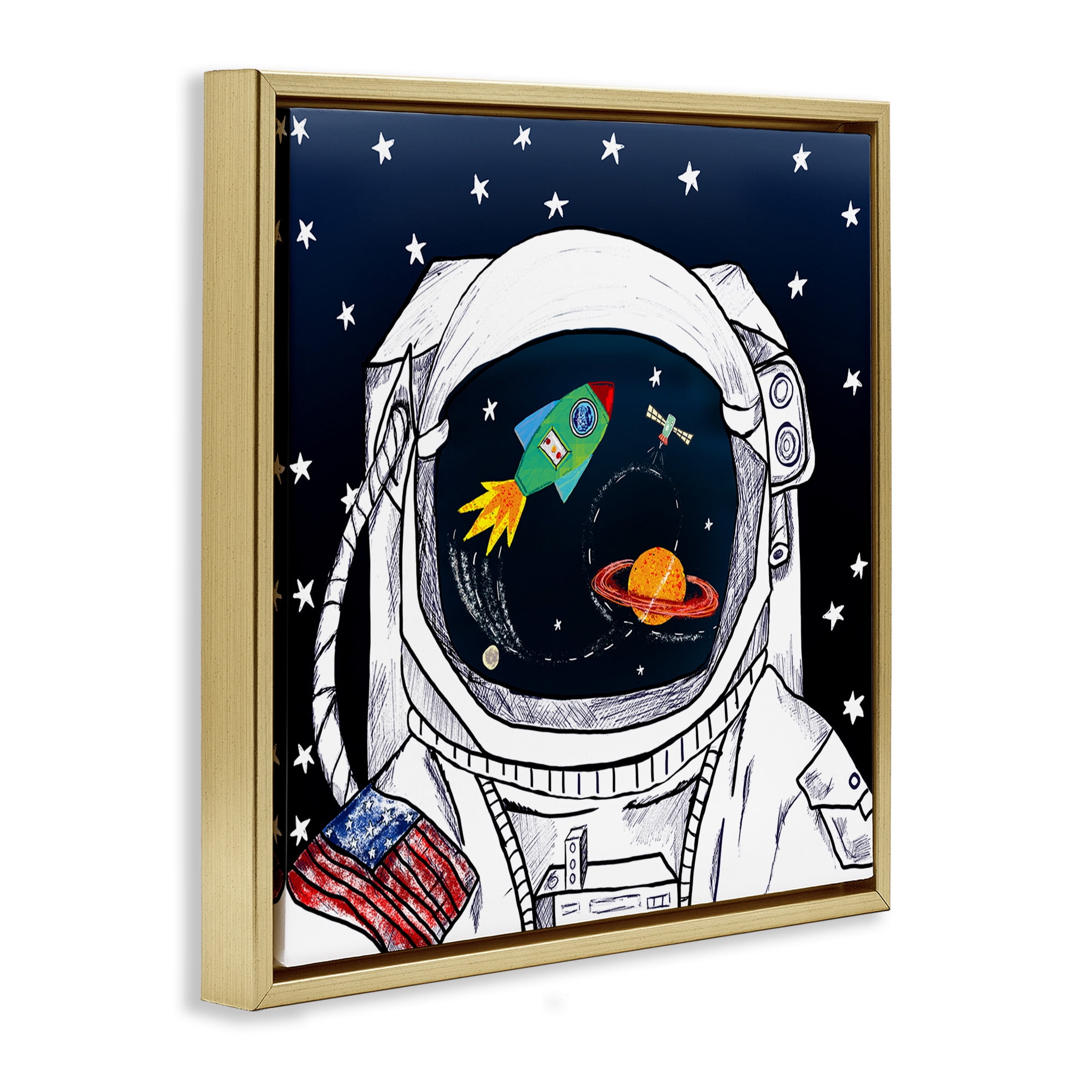 Stupell Industries Astronaut Space Suit Galaxy Fairy Tales & Fantasy Painting Gold Floater Framed Canvas Art Print Wall Art, 25 x 25