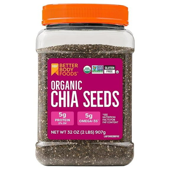 BetterBody Foods Organic Chia Seeds – 2 lb (32 oz) | Rich in Omega-3, Fiber & Protein | Non-GMO, Gluten-Free Superfood