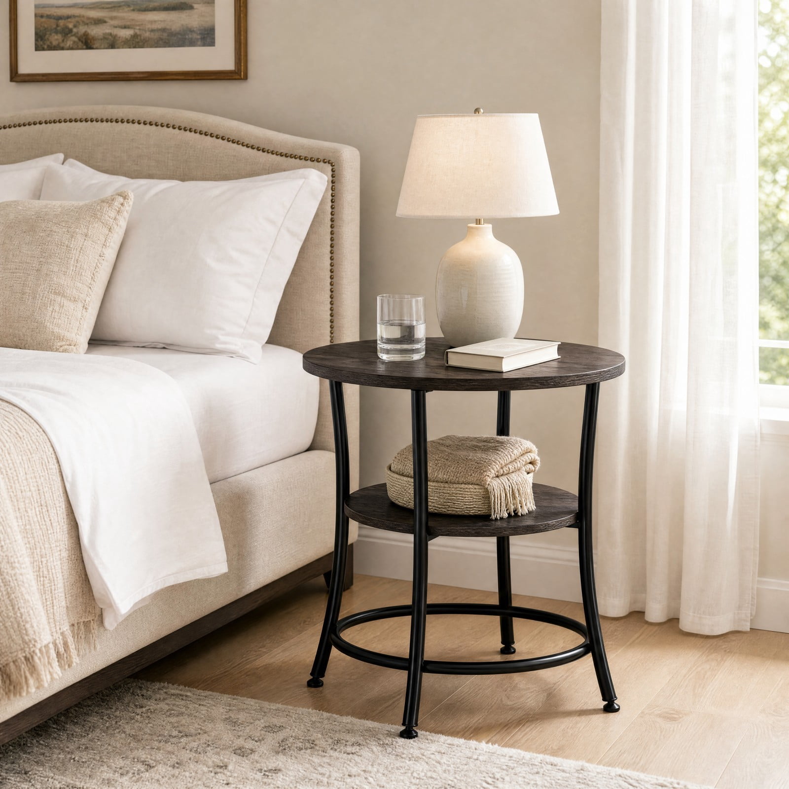 Telyra 2-Tier Round Side Table 21.8" End Table with Antiqued Wood Grain Top and Steel Base, Gray