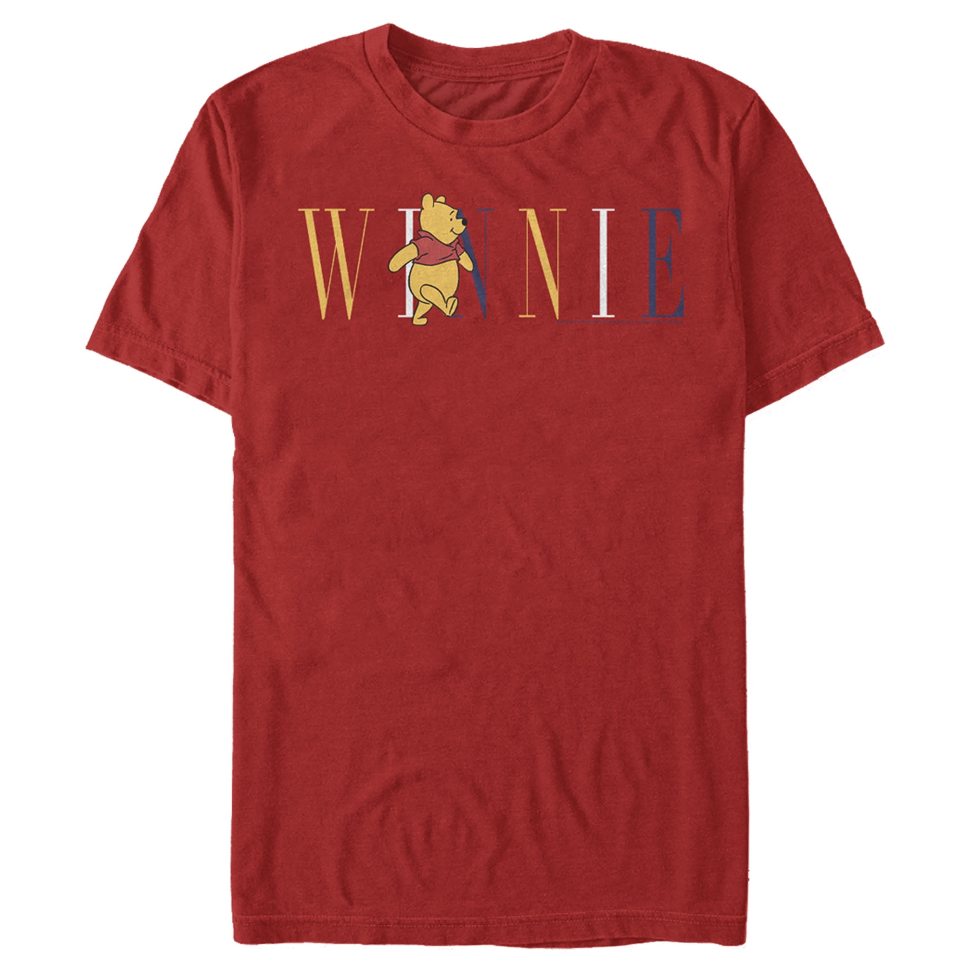 Men's Winnie the Pooh Yellow, White, and Blue Script Graphic Tee Red X