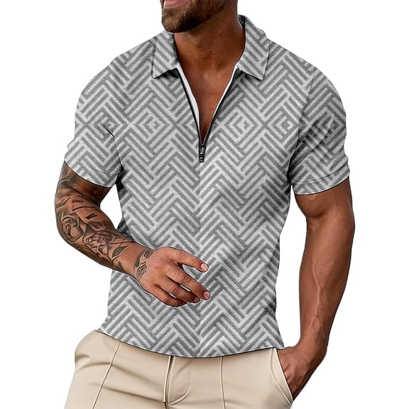 Bibifish Mens Polo Shirts Short Sleeve Quarter Zip Herringbone Geometric Pattern Casual Shirts Lightweight Tops
