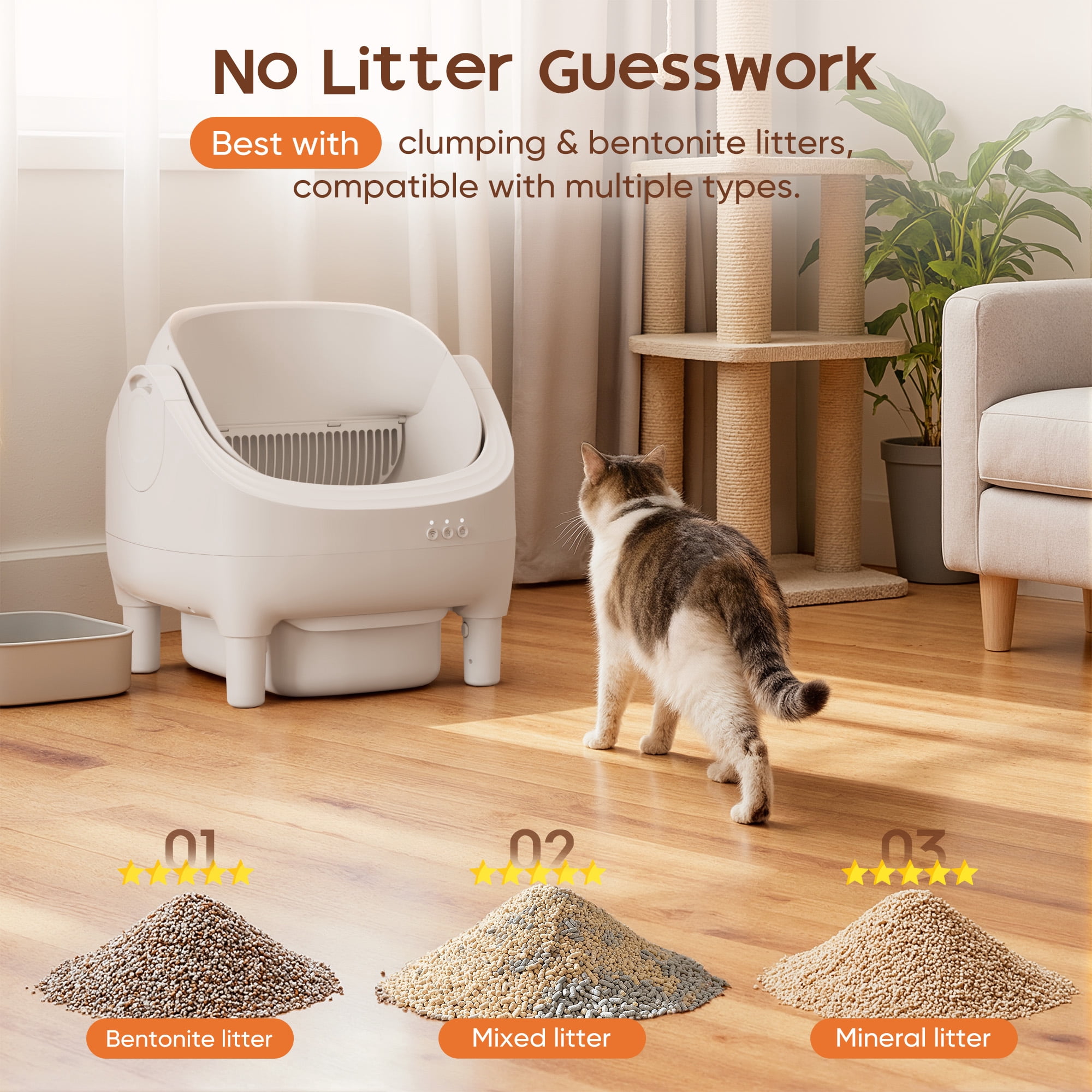 Furmax Automatic Cat Litter Box Self Cleaning – Smart WiFi App Control, Open Top Design, 15L Large Capacity, Odor Control, Quiet Litter Box for Multiple Cats (White)