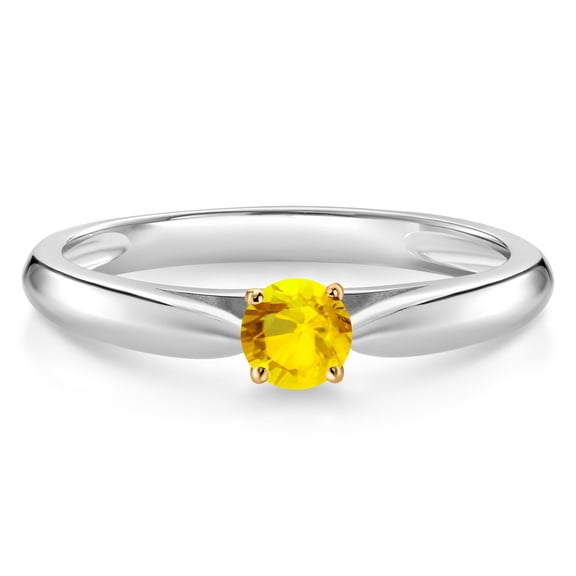 Gem Stone King 0.16 Ct Round Yellow Sapphire 925 Silver and 10K Yellow Gold Solitaire Engagement Ring (Size 9)