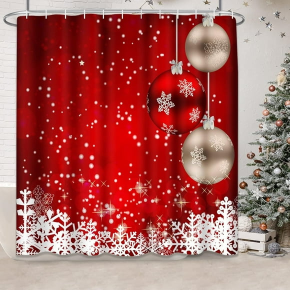 Merry Christmas Shower Curtain, Snowflake Shower Curtain 72 x 72 Inch, Christmas Ball Shower Curtain Bathroom Decor, Polyester Fabric Waterproof with Hook