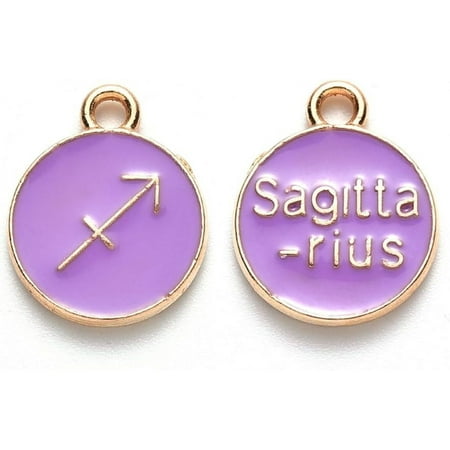 20Pcs Sagittarius Charms Alloy Enamel Pendants Flat Round with 12 Constellation Jewelry Findings for Necklace Bracelet Jewelry Making Light Gold Medium Purple 22x18x2mm Hole: 1.5mm