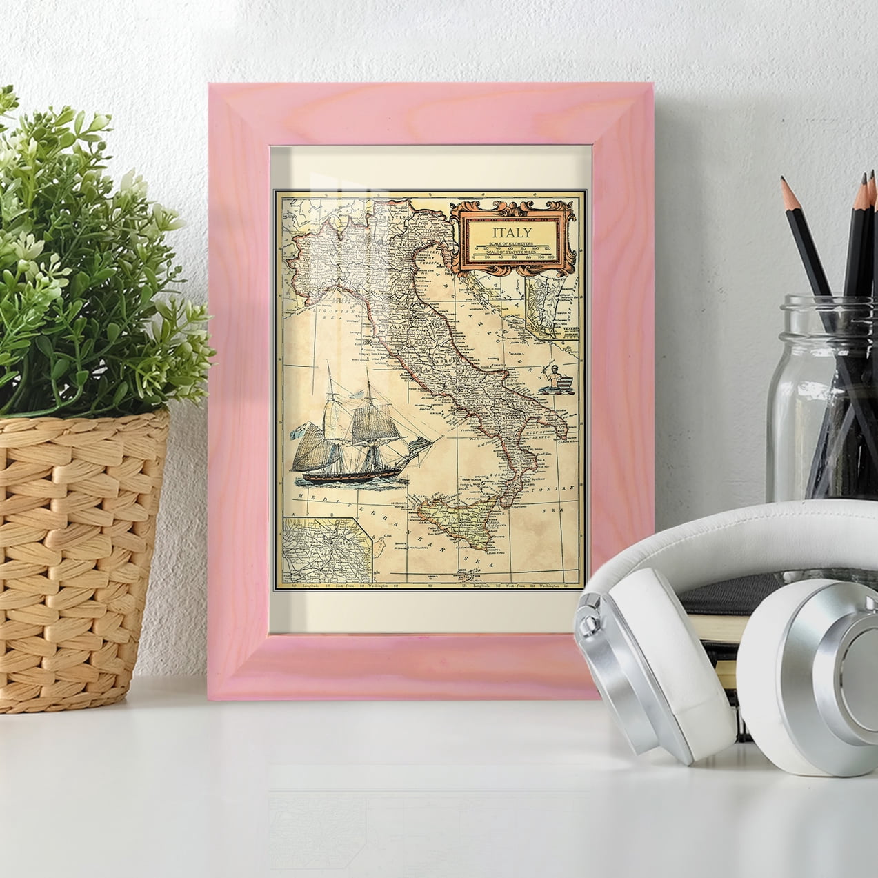Italy Map -Framed Print w/glass-Sunset Pink