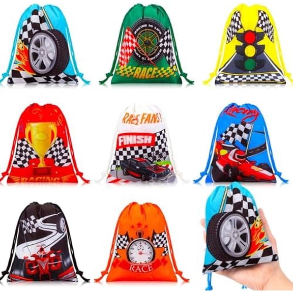 24 Pcs Race Car Party Favor Goodie Bags with Drawstring Small Racing Car Themed Supplies Candy Treat Stuffed Tote Bags for Boys Birthday Party Baby Shower Decorations Gift, 7.09 x 5.12 Inches