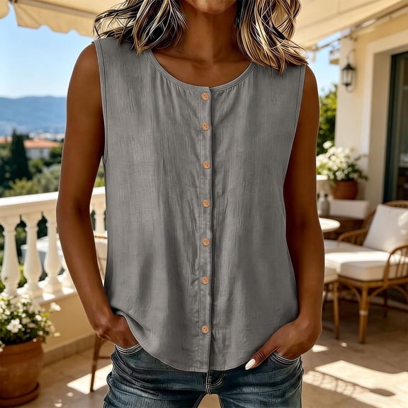 Linen Cotton Button Tank Top For Women Sleeveless Relaxed Fit Summer Casual Wear Versatile Lightweight Breathable Everyday Top
