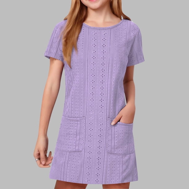 Vestido de color liso para niñas, vestido de manga corta para niñas, vestido de doble bolsillo para niñas, vestido de poliéster para niñas