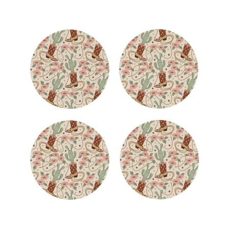 

Fuzoiu Floral Cowboy Boots Print Leather Coasters Set Drink Coasters Set of 4 for Tabletop Protection Durable PVC Coasters Home Décor and Housewarming Gift-Round Shape