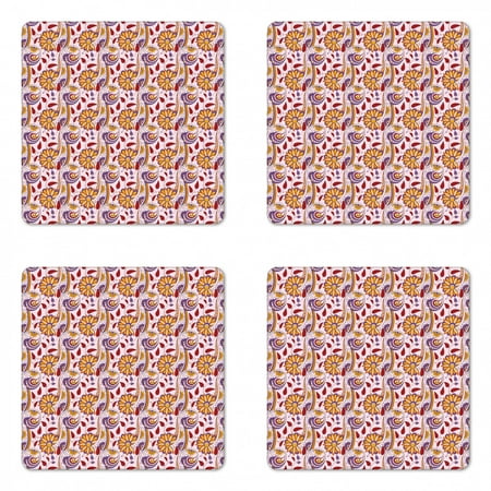

Ethnic Coaster Set of 4 Persian Paisley Motifs and Leaves with Traditional Culture Motifs Square Hardboard Gloss Coasters Standard Size Multicolor by Ambesonne