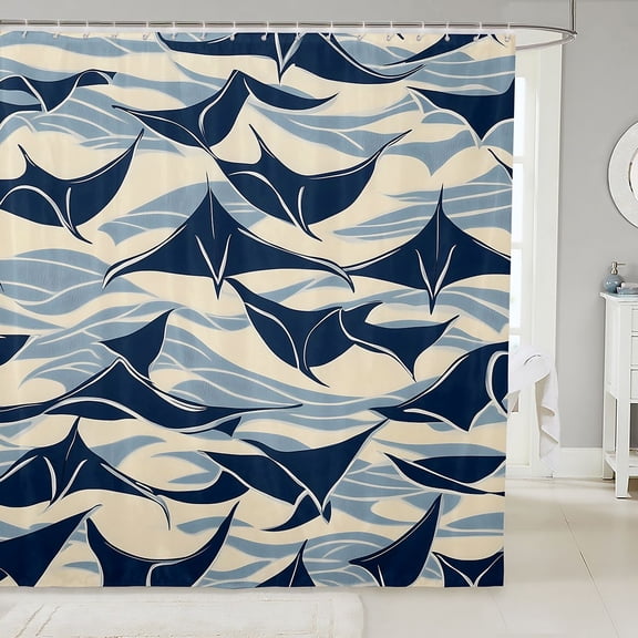 Manfei Abstract Manta Ray Shower Curtain 72Wx72L, Ocean Wave Bathroom Curtain, Cream Navy