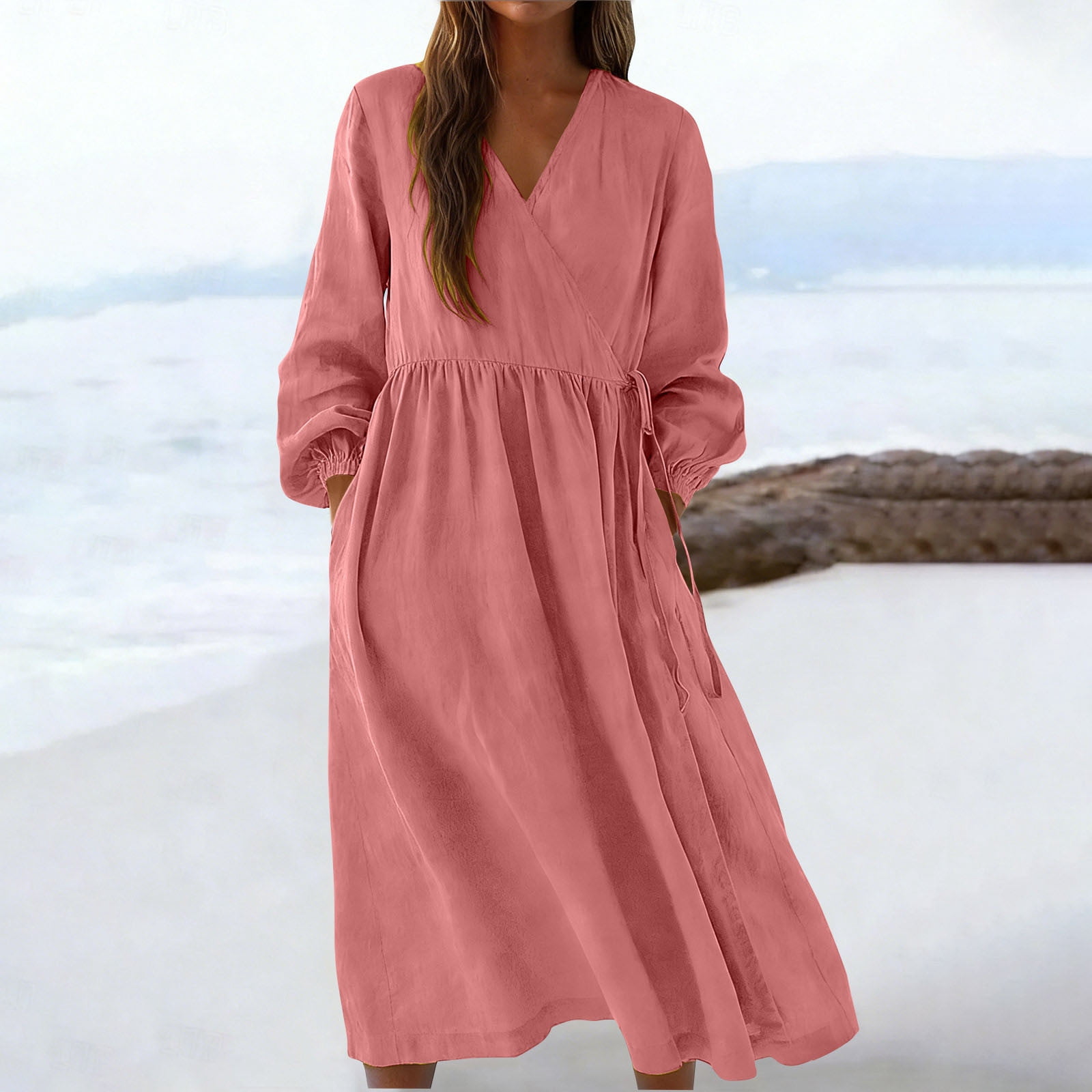 Sentmoon Linen Dresses for Women 2026 Summer Trendy Solid Color V Neck Work Dresses for Women Stretchy Regular Fit for Daily and Commute L