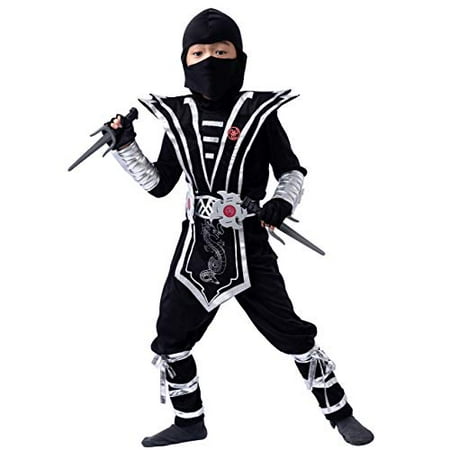 Silver Ninja Deluxe Costume Set with Ninja Foam Accessories toys for Kids Kung Fu Outfit Halloween Ideas(Medium (7-9))