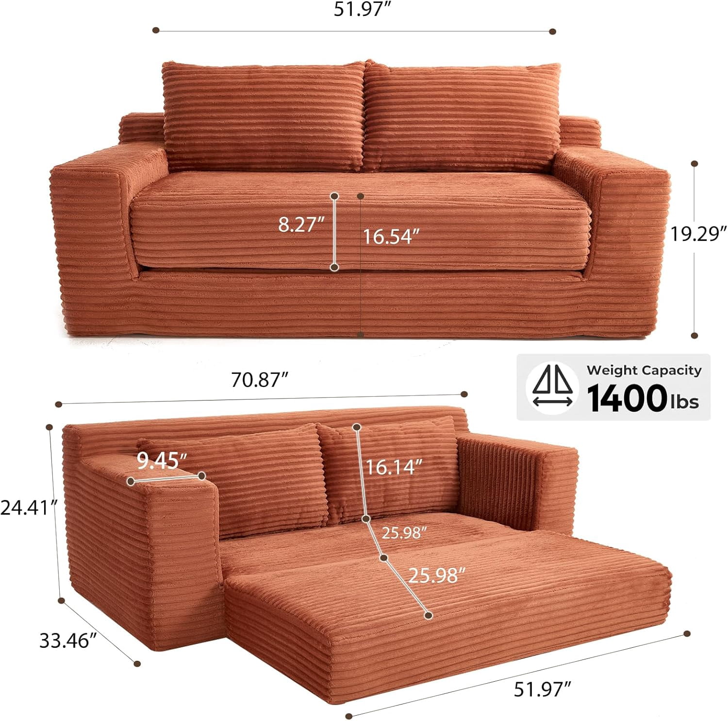 70.87" W Cloud Lounge Memory Foam Corduroy Convertible Folding and No Assembly Loveseat Sofa Bed,Orange