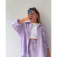 thumbnail image 3 of AURA Women Two Piece Outfit Long Sleeve Shirt Drawstring Shorts Casual Set, 3 of 5