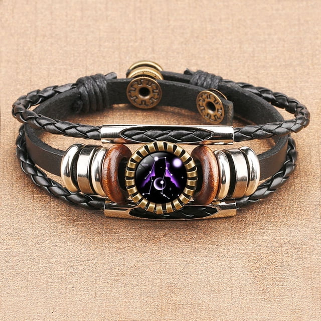 Fiudx Pulsera Del Zodíaco, Brazalete de Cuero Estilo Punk, Pulsera de Aleación y Temática de Constelaciones, Diseño de Cuerda Tejida a Mano, Ideal para Regalo de Cumpleaños, para Hombres y Mujeres, P