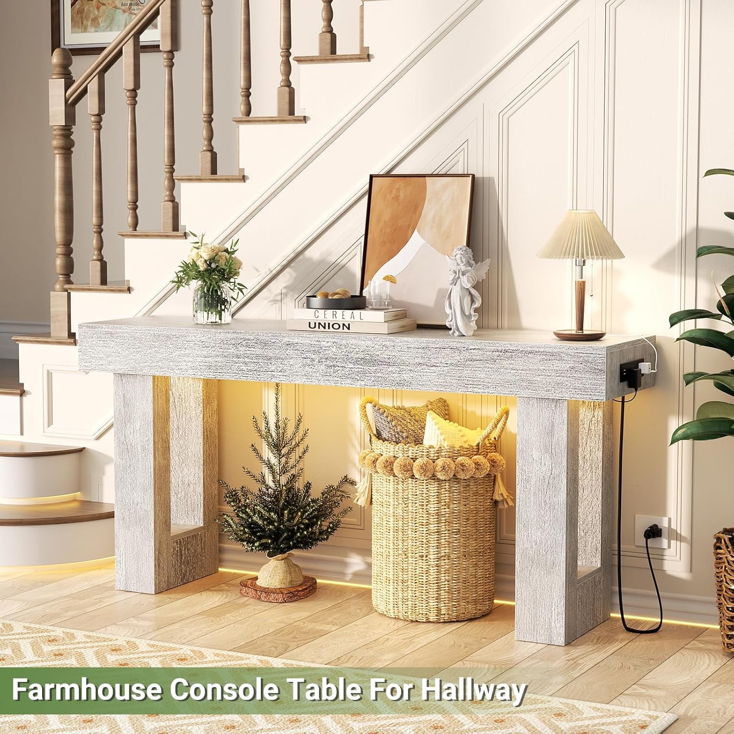 Homieasy 63'' Farmhouse Console Table with Power Outlets and Sensor Light, Wooden Entryway Table Narrow End Table with Storage for Entrance, Hallway, Living Room, Bedroom, Light Oak