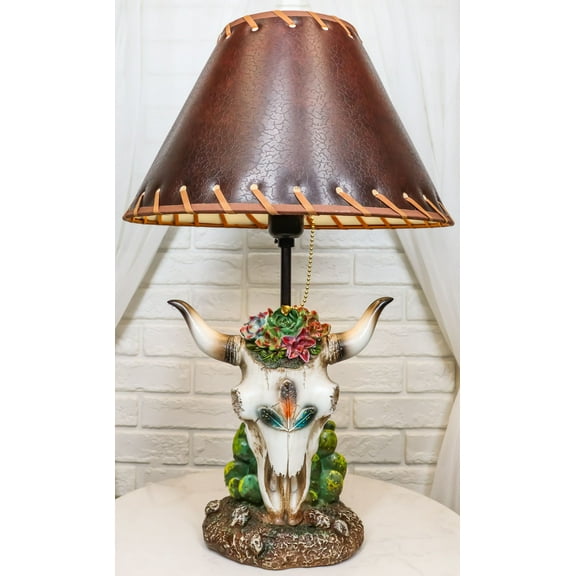 Rustic Western Cow Skull With Floral Succulents Feathers And Cactus Table Lamp