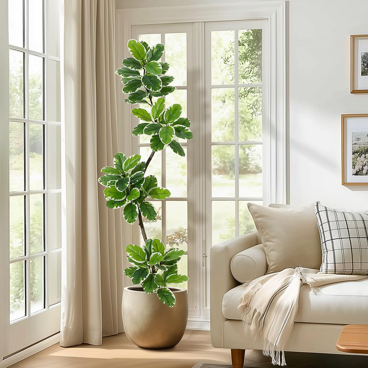 Ataucjin Artificial Fiddle Leaf Fig Tree, 5FT Tall Faux Rubber Tree with Sphere Planter, Tall Artificial Plants with Moss for Home Decor Office Living Room