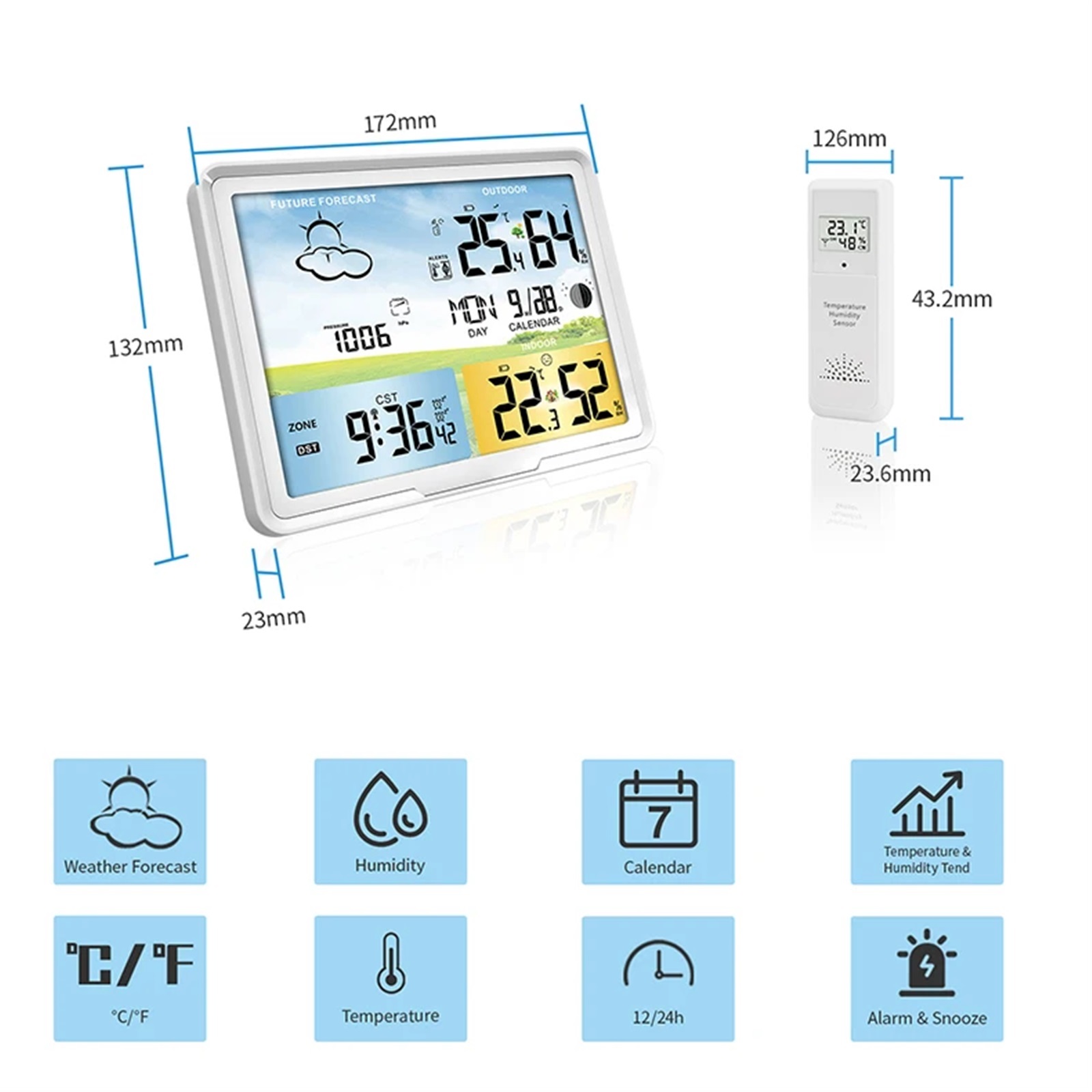 Weather Station Indoor Outdoor Digital Forecast Calendars Clocks Hygrometer Humidity Temperature Display Sensor PT20A ,Excellent Visual Experience