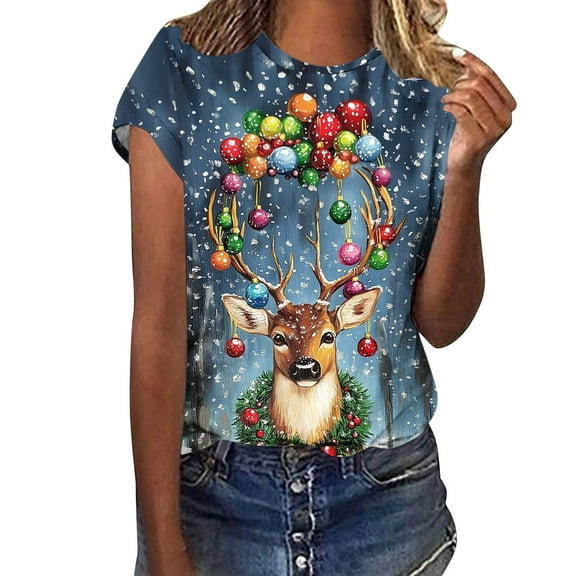Christmas Tops Women's Christmas Pullover Short Sleeve Tshirt Santa Claus Shirts Christmas Tree Graphic Sweatshirt Garland Star Clothes Lights Tinsel Pullovers Crewneck Top Fashion Outfits