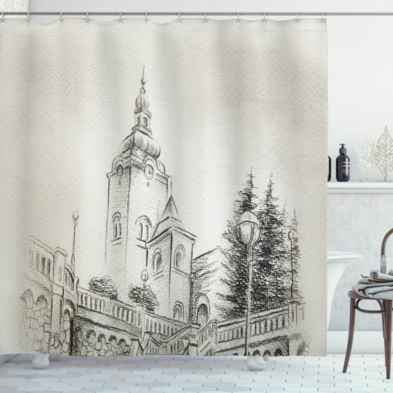Charcoal Shower Curtain, Artwork of Structure Drawn Medieval European, Fabric Bathroom Set with Hooks, 69W X 84L Inches Extra Long, Grey Eggshell, by Ambesonne
