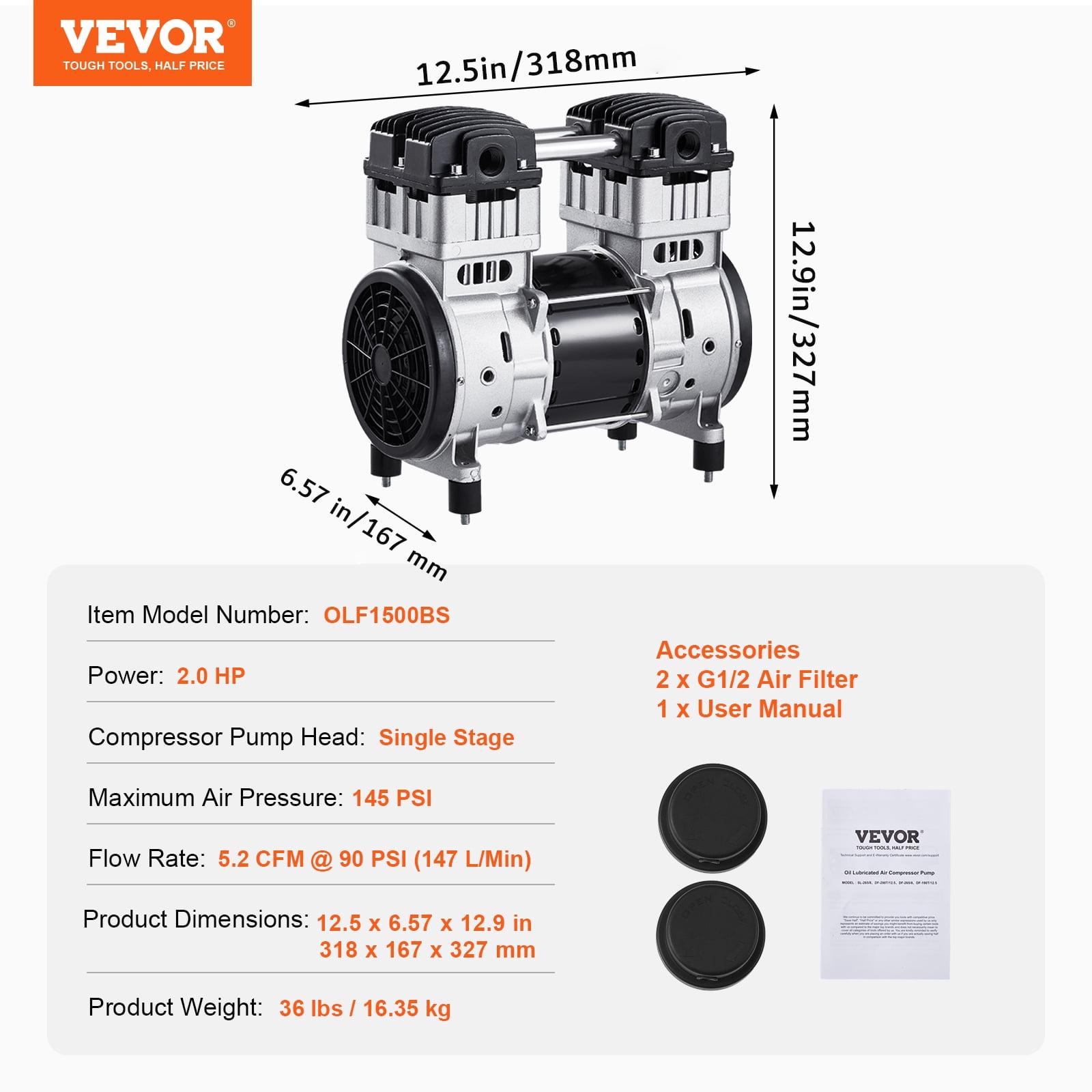 VEVOR Air Compressor Motor, 2HP 5.2CFM @ 90PSI Oil Free Air Compressor Pump & Max. 145PSI Pressure, 78dB Ultra-Quiet Compressor Motor for Auto Repair, Tire Inflation, Spray Painting, Woodwork Nailing