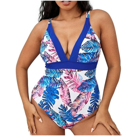 Plus Size Swimsuit for Women Tummy Control Beachwear Elegant Floral Print Stretchy Monokini Drawstring Halter Swimwear V Neck Casual One Piece Bathing Suit