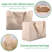 Xiyztok Canvas Grocery Bags, Heavy Duty Reusable Shopping Tote with 6 Inner Pockets, Machine Washable, 3-Pack for Grocery Store Camping Outdoor