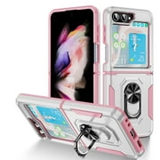 for Samsung Galaxy Z Flip 6 Case, Slim Fit Military Grade Drop Tested Dual Layer Shockproof Case with 360 Ring Holder Kickstand Protective Rugged Car Magnetic Non-Slip Phone Case,White+Pink