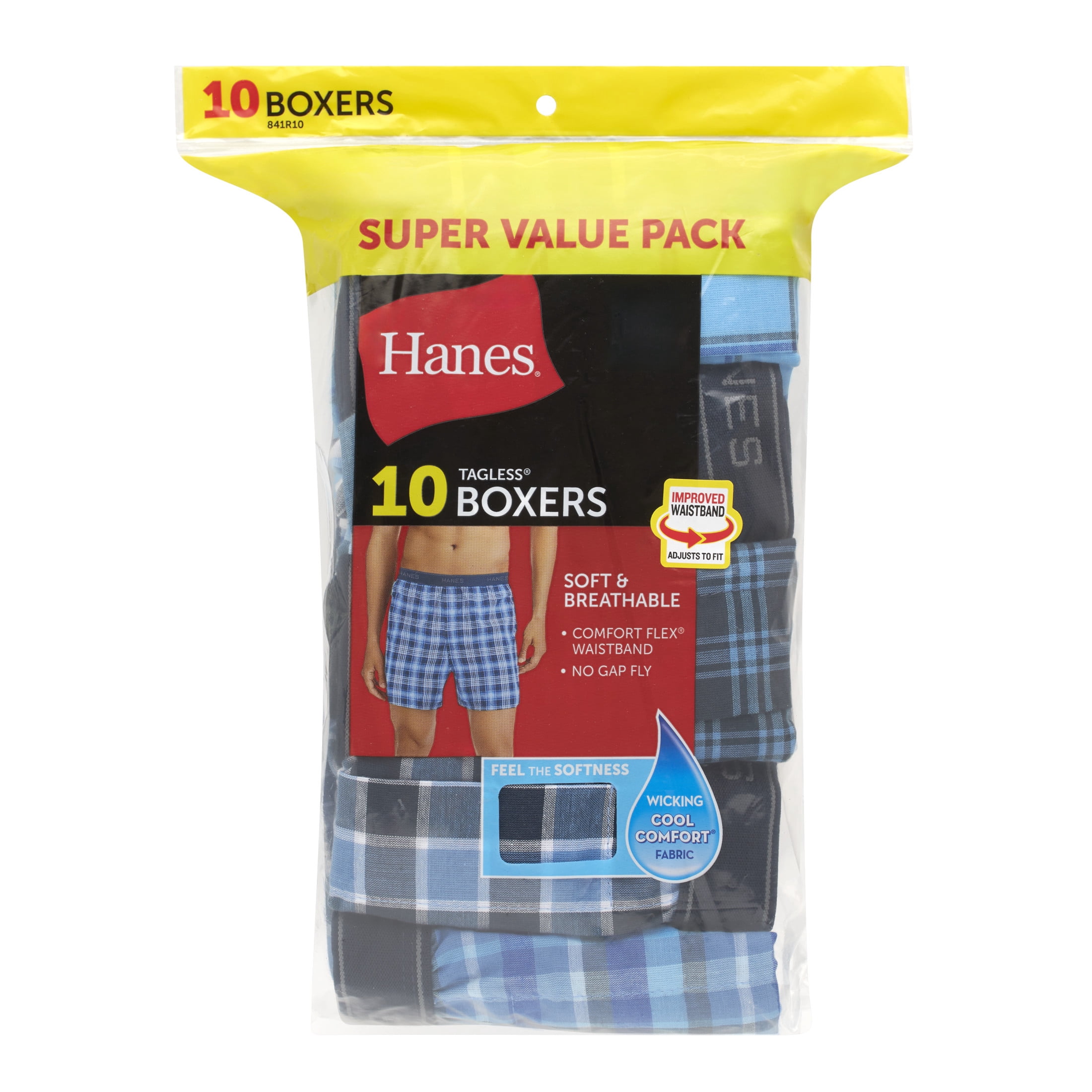 Hanes Men's Moisture-Wicking Boxer Underwear Pack, Cotton Blend, 10-Pack